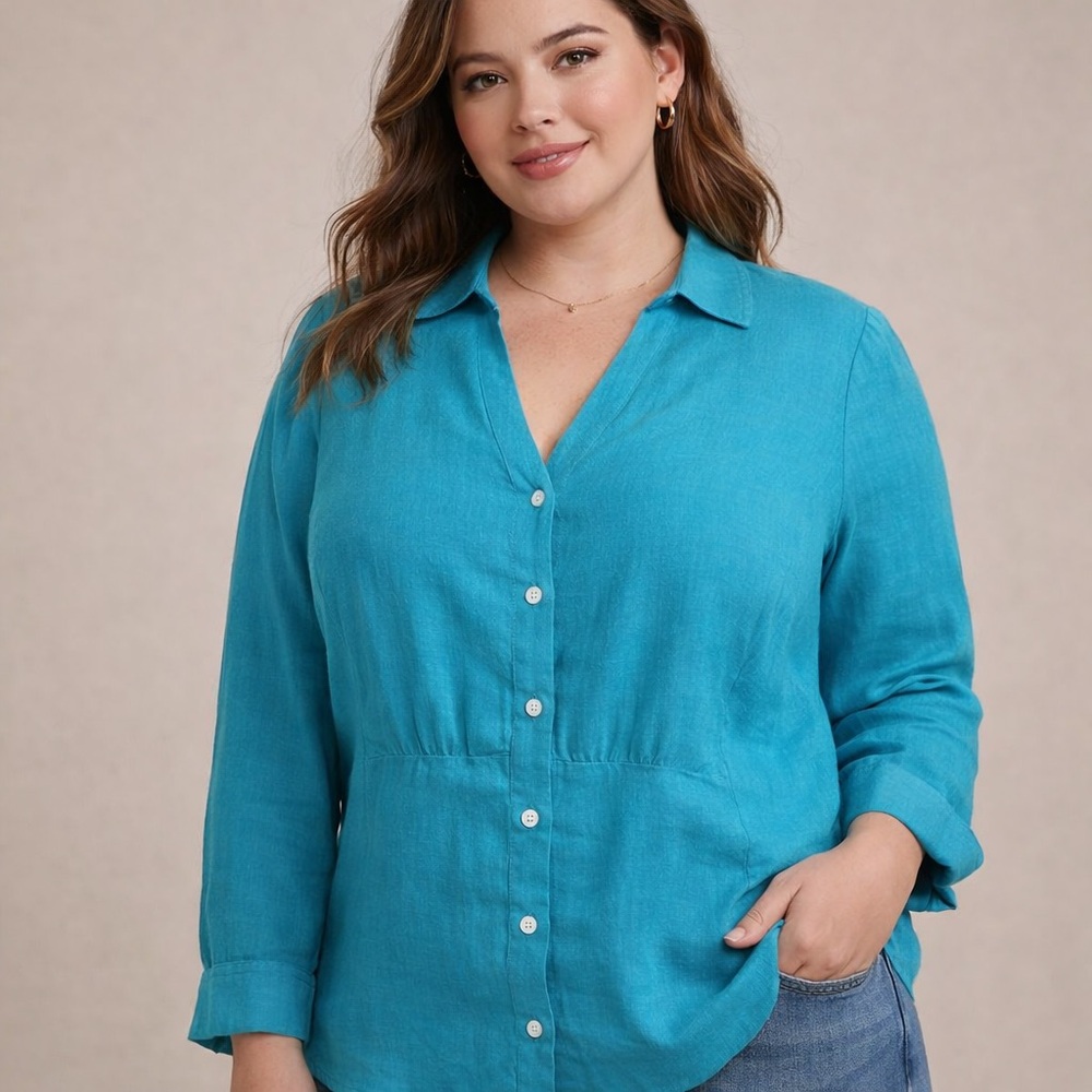 Talbots 100% Irish Linen Blouse Teal Turquoise Blue Button Front V-Neck  SIZE 20
